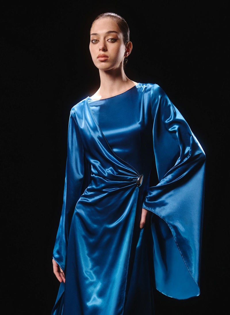 Lichi Satin maxi dress with asymmetrical sleeves - Image 4